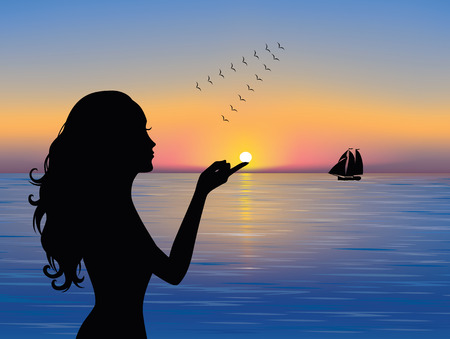 Silhouette of graceful woman touching the sun.  A ship in the distance and a flock of birds flying south.のイラスト素材