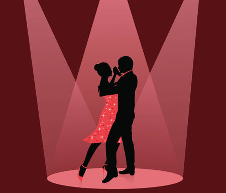 Silhouette of a man and a woman dancing in the spot light.のイラスト素材
