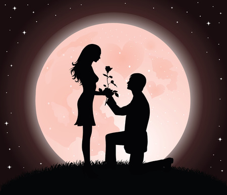Silhouette of a man presenting a rose on his knee to a beautiful woman. Moon a stars on the background.のイラスト素材