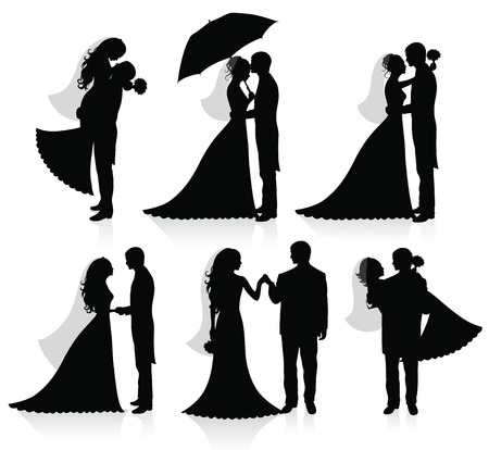 Set of vector silhouettes of a groom and a bride.のイラスト素材
