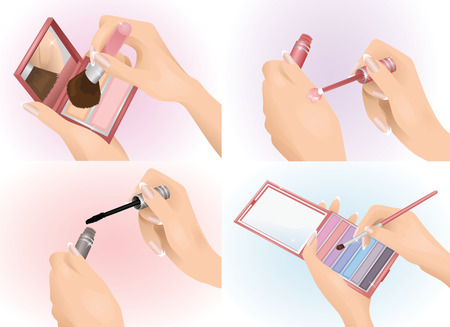 Set of female hands holding cosmetics.のイラスト素材