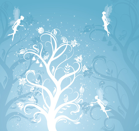 Magic flower pattern with fairies on the blue background.のイラスト素材