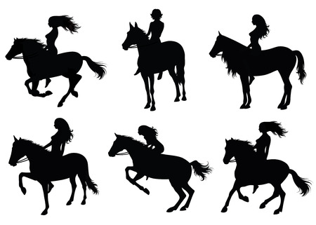 Set of a silhouette of a woman riding a horse.のイラスト素材