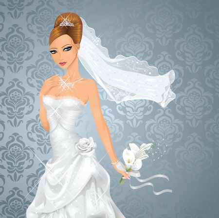 Beautiful bride with a bouquet on blue background.のイラスト素材