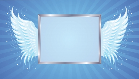 Silver frame with wings on the blue background.のイラスト素材