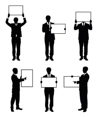 Set of silhouettes of a businessman holding a board.のイラスト素材