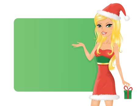 Cute blonde girl  with a gift box pointing to the green background のイラスト素材