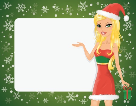 Cute blonde girl in a santa costume with a gift box pointing to the white board. のイラスト素材