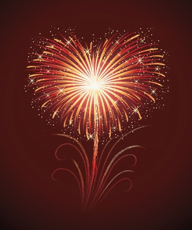 Firework in a shape of heart on the red background.のイラスト素材