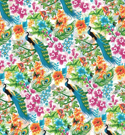 Seamless tropical pattern with peacocks and flowers のイラスト素材