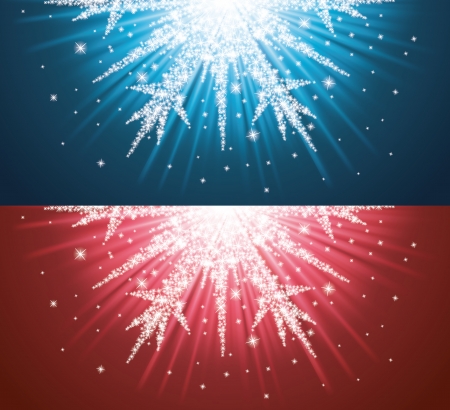 Sparkles in a shape of snowflake on the blue and red background のイラスト素材