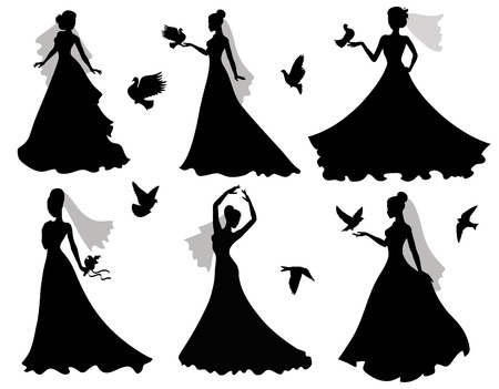 Set of silhouettes of brides with birds のイラスト素材