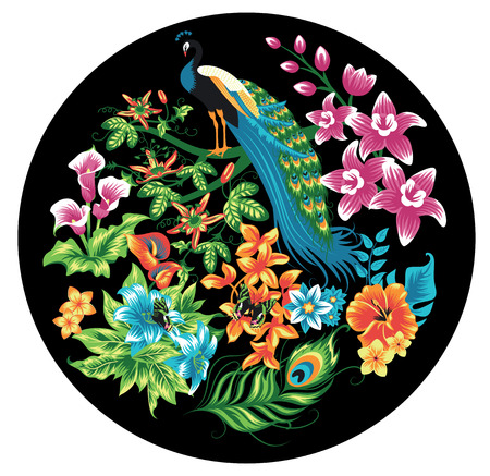 Tropical pattern with peacocks and flowers.のイラスト素材