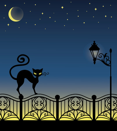 A black cat standing on a fence.のイラスト素材