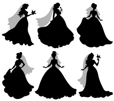 Set of silhouettes of brides with birds.のイラスト素材