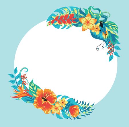 Summer tropical background banner with exotic paradise birds, palm leaves and hibiscus flowers. Vector floral background.のイラスト素材