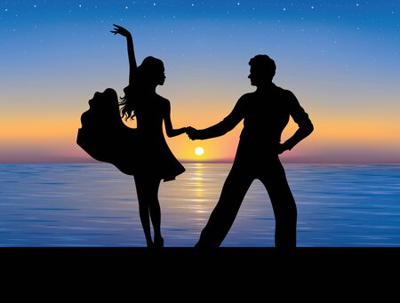 Silhouettes of couple dancing. Sunset on the background.のイラスト素材