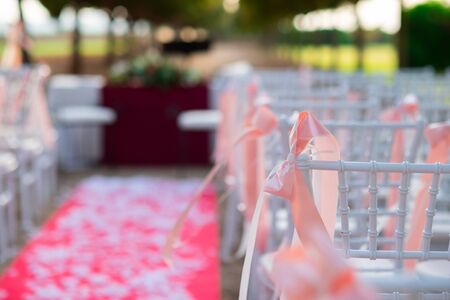 Wedding ceremony decoration in a beautiful alley. No people. White chairs with pink ribbons.の写真素材