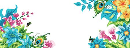 Banner with tropical leaves and flowers. Isolated on white.のイラスト素材