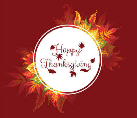 Autumn leaves and Happy thanksgiving text on the white circle. Red background.のイラスト素材