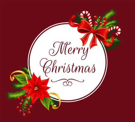 White circle with Merry Christmas text decorated with christmas details.のイラスト素材