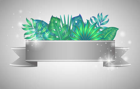 Banner with different tropical leaves isolated on white. Vector illustration.のイラスト素材