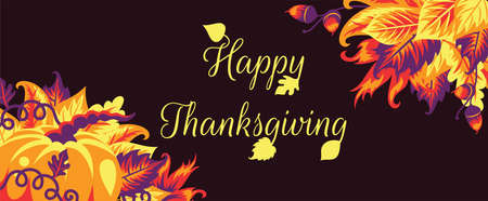 Banner with autumn leaves and Happy thanksgiving text. On the purple background.のイラスト素材