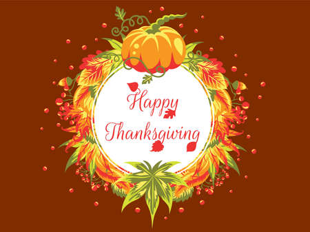 Autumn leaves and Happy thanksgiving text on the white circle. On the dark orange background.のイラスト素材