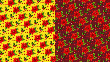 Seamless pattern with christmas flowers and berries on the red and yellow background.