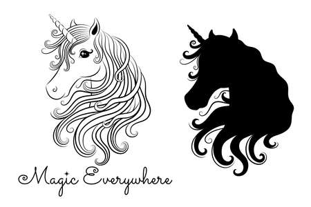 Silhouette of a unicorn and outline unicorn. Isolated on white.のイラスト素材