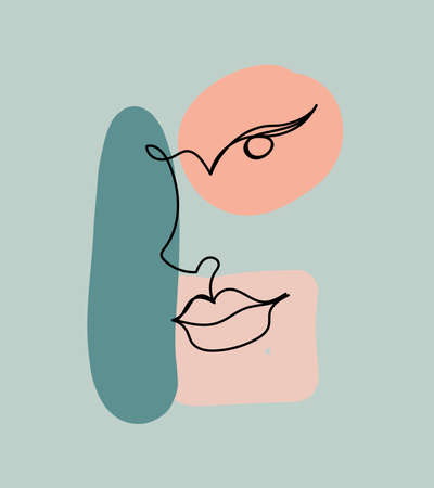 Abstract image with continuous black line of a womans face on the colorful background.のイラスト素材