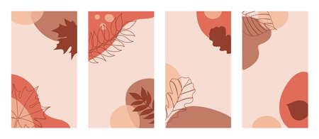 Four vertical backgrounds with autumn leaves in a hand drawn linear style on colorful abstract...