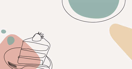 Banner of a cupcake with a strawberry in a hand drawn linear style with colorful abstract stains....