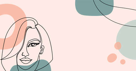 Banner of an abstract image with continuous black line of a womans face with colorful abstract stains.のイラスト素材