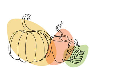 Pumpkin, a cup and a leaf in a hand drawn linear style with colorful abstract stains. Isolated on white.のイラスト素材