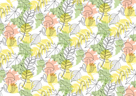 Autumn seamless pattern in linear style with some leaves and mushrooms.のイラスト素材