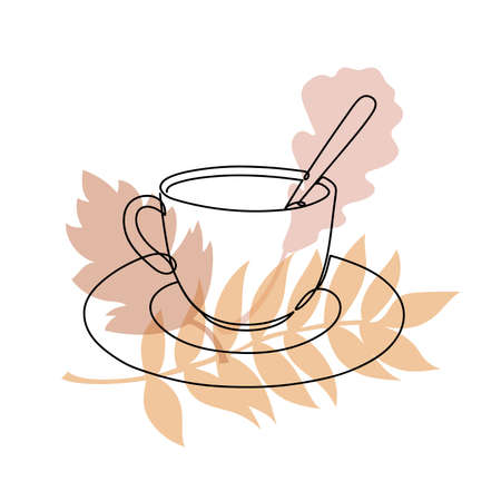 Cup in a hand drawn linear style with colorful abstract stains. Isolated on white.のイラスト素材