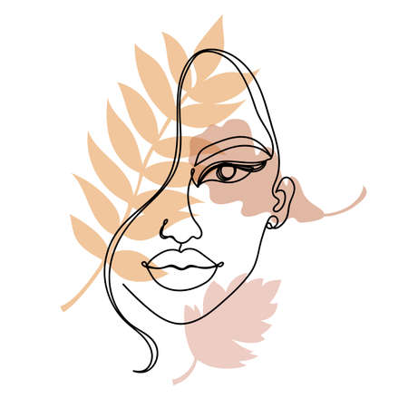 Continuous black line of a womans face with colorful autumn leaves.のイラスト素材