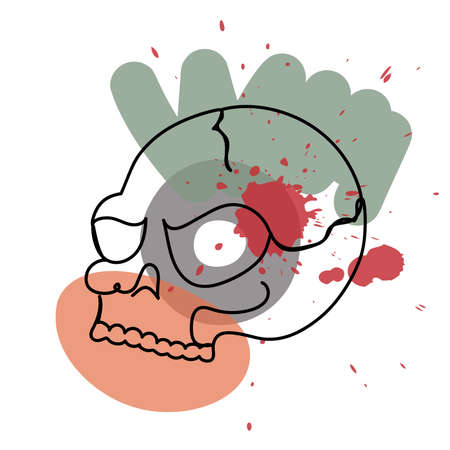 Scull in a hand drawn linear style with colorful abstract stains. Isolated on white.のイラスト素材