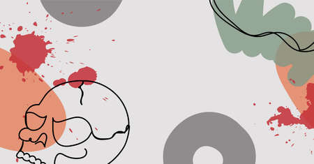 Banner of a scull in a hand drawn linear style with colorful abstract stains. Vector illustration.