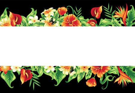 Banner with tropical leaves and flowers on black.のイラスト素材