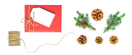 Gift box and christmas decoration on a pink background.の写真素材