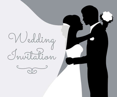Romantic wedding silhouettes with wedding invitation text on grey. Vector illustration.のイラスト素材