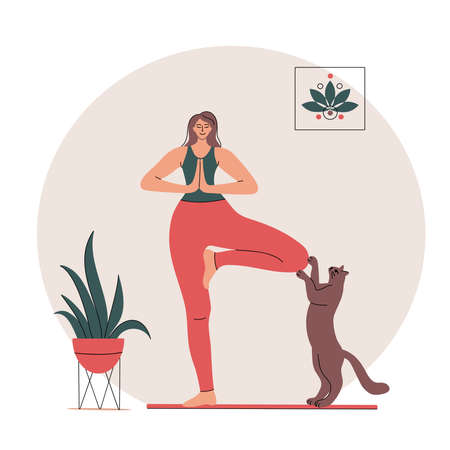 Woman doing yoga at home. Vector Illustration.のイラスト素材