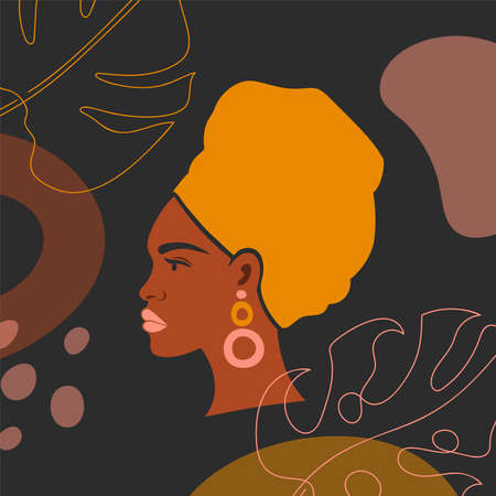 Background with tropical leaves and a black woman.のイラスト素材