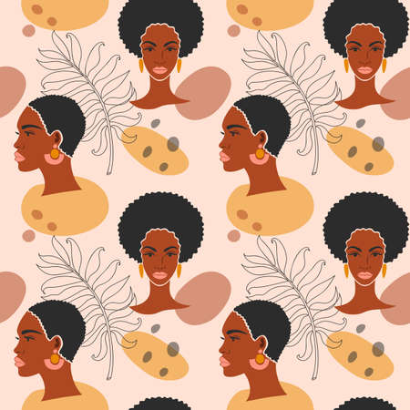 Background with tropical leaves and a black woman.のイラスト素材