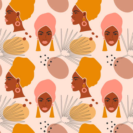 Background with tropical leaves and a black woman.のイラスト素材