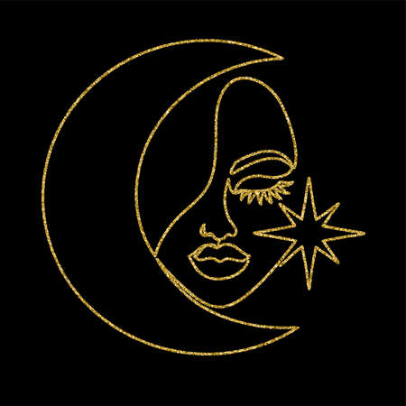 Beautiful golden woman face in line art style.のイラスト素材