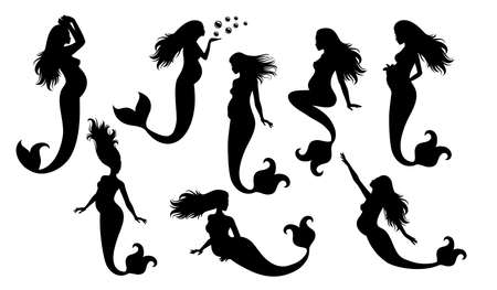 Set of vector silhouettes of pregnant mermaid.のイラスト素材