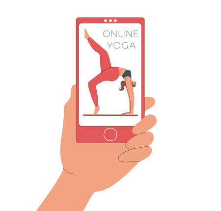 Hand holding a mobile with a woman doing yoga.のイラスト素材